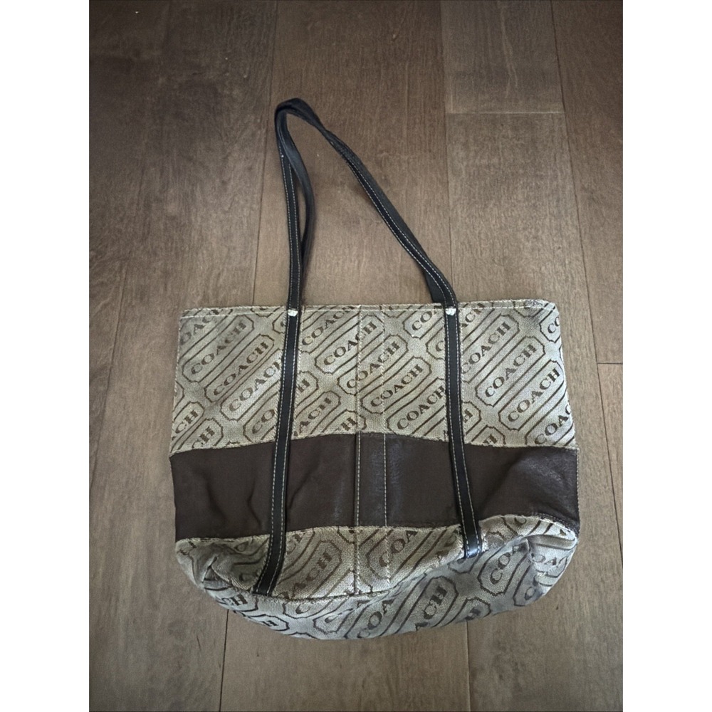 Coach Signature Lozenge Tote Shoulder Bag F12252 Tan Brown Canvas Lavender - Picture 4 of 8